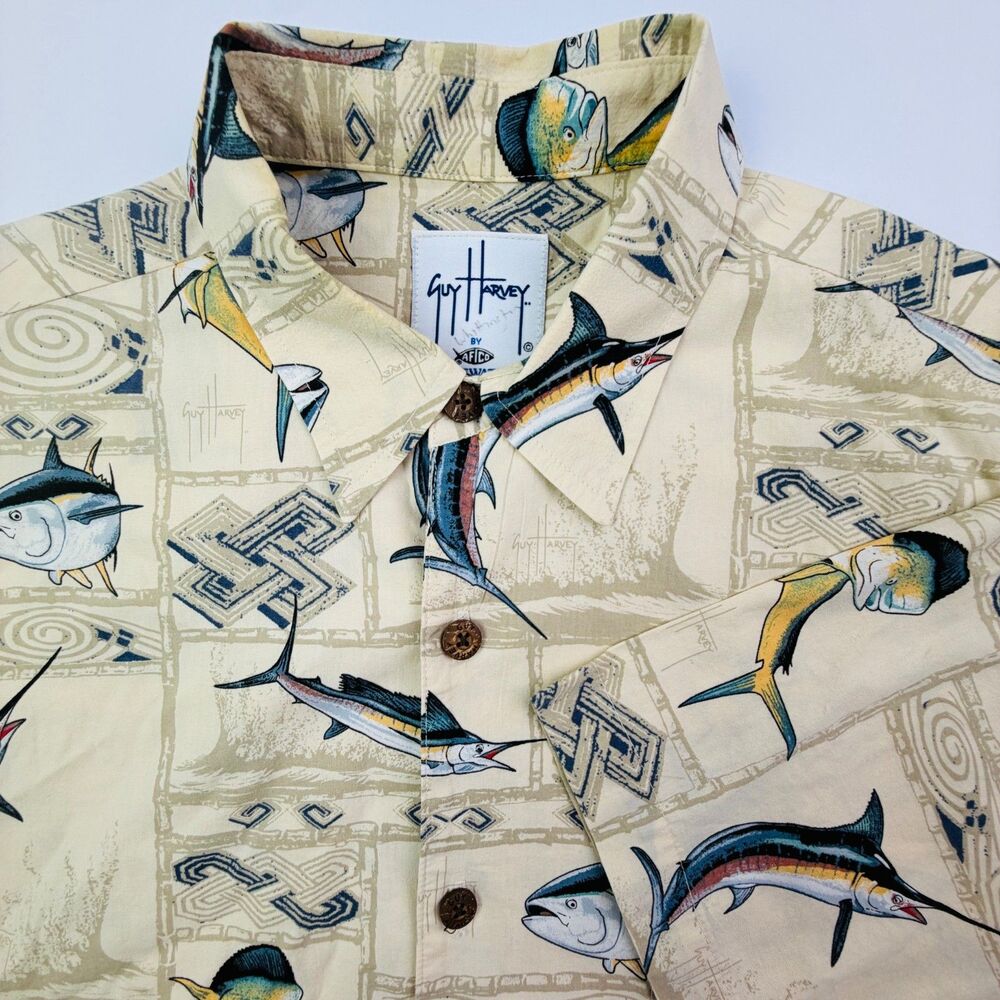 Guy Harvey Bluewater Fish Print Hawaiian Shirt Large